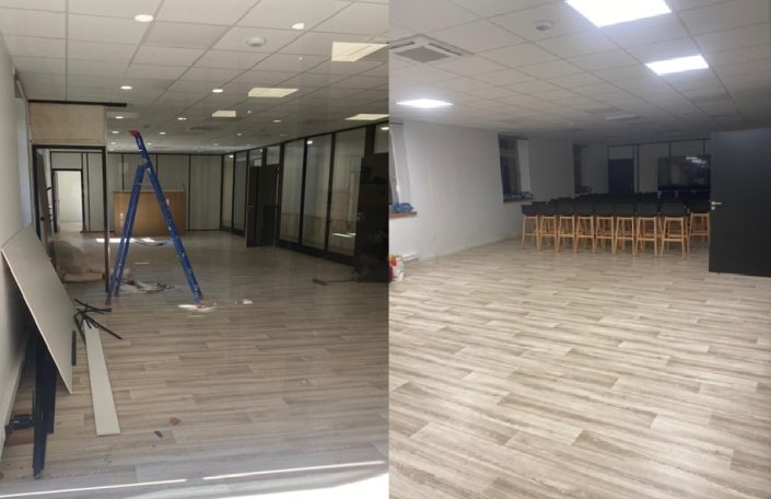 Nettoyage après travaux d'une école Intérieur d'un espace en rénovation avec une partie en cours et une autre terminée.